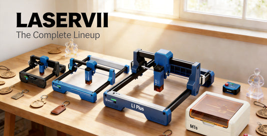 Laservii laser engraver comparison hero - the L1 and M1s machines in a warm home workshop