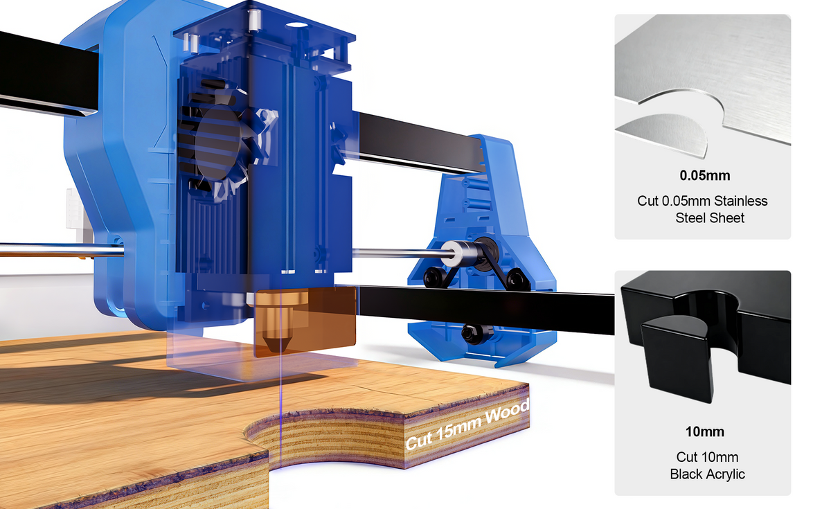 This 24W laser delivers powerful output for cleaner, crisper wood cutting with significantly less carbonization than other lasers. It supports intricate engraving of complex patterns and text, suitable for diverse materials and industries. Whether cutting 15mm-thick wood, kraft paper, leather, or precision metals, L1 Plus handles it effortlessly.
