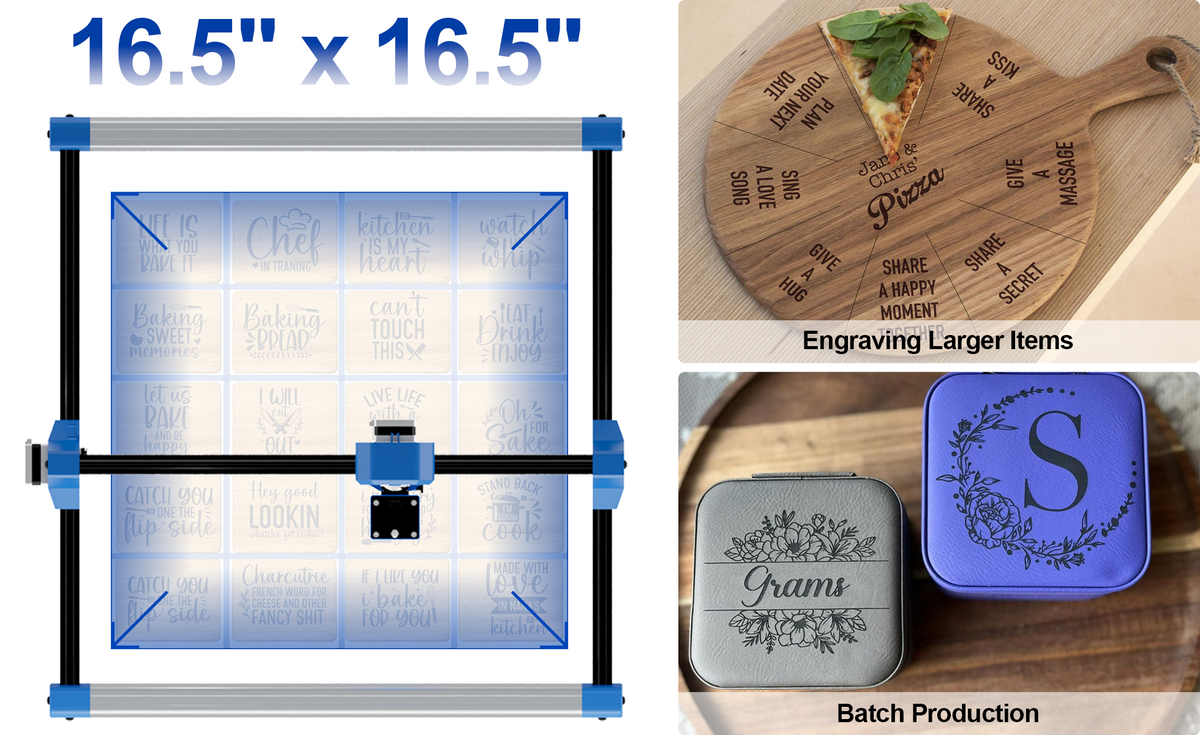 This product features a working area of 16.5'' x 16.5'', catering to personalized and batch production needs. You can create high-value customized products or produce small-batch custom items, significantly boosting efficiency and reducing material waste. It comprehensively enhances your production capacity, output, and profitability.