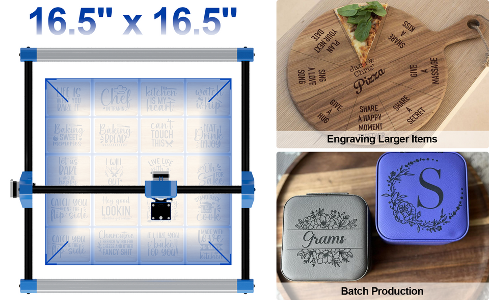 This product features a working area of 16.5'' x 16.5'', catering to personalized and batch production needs. You can create high-value customized products or produce small-batch custom items, significantly boosting efficiency and reducing material waste. It comprehensively enhances your production capacity, output, and profitability.
